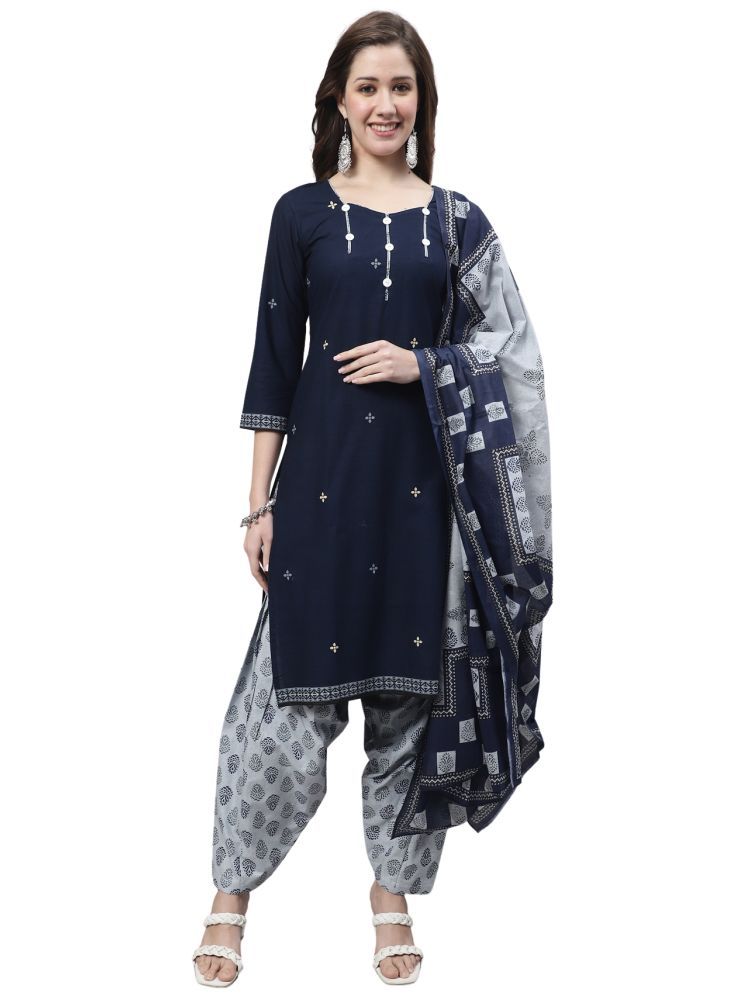     			Rajnandini Cotton Blend Printed Kurti With Patiala Women's Stitched Salwar Suit - Navy ( Pack of 1 )