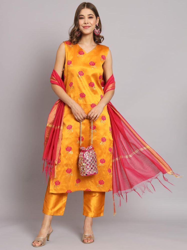     			VredeVogel Cotton Silk Self Design Kurti With Pants Women's Stitched Salwar Suit - Yellow ( Pack of 1 )