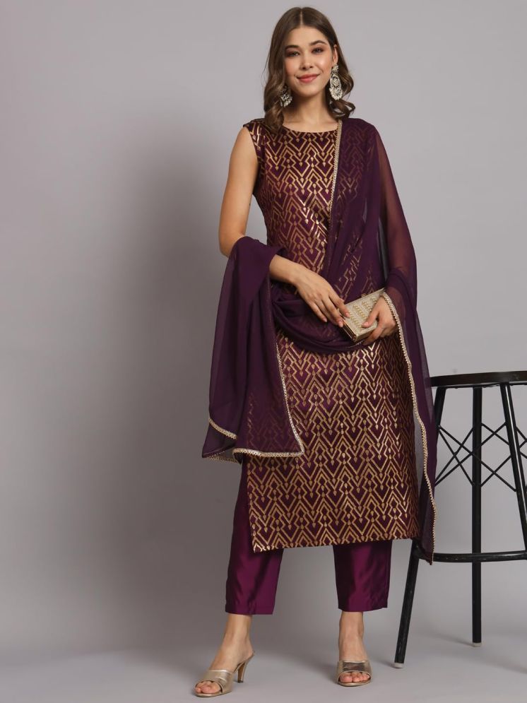     			VredeVogel Cotton Silk Self Design Kurti With Pants Women's Stitched Salwar Suit - Purple ( Pack of 1 )