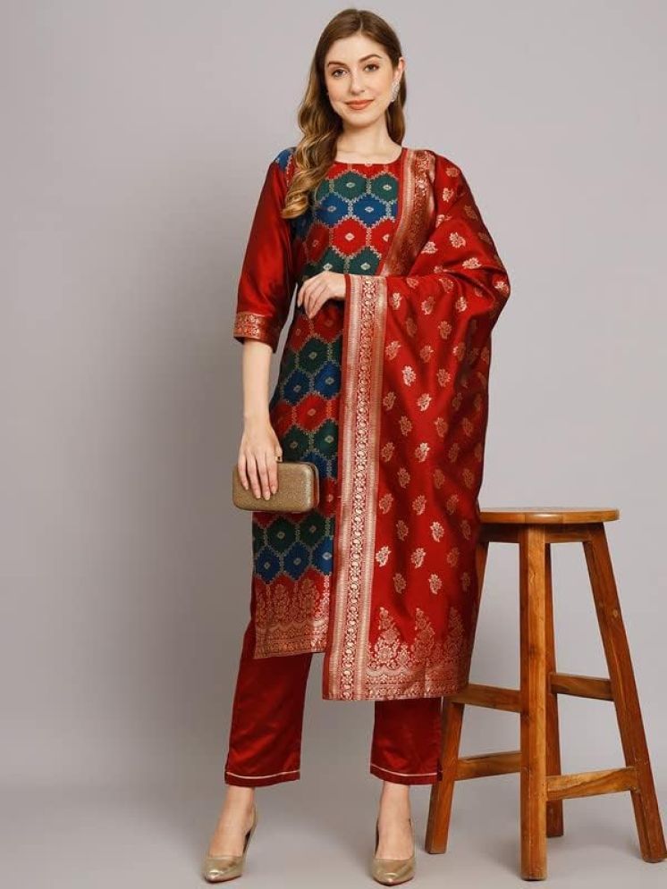     			VredeVogel Cotton Silk Self Design Kurti With Pants Women's Stitched Salwar Suit - Maroon ( Pack of 1 )