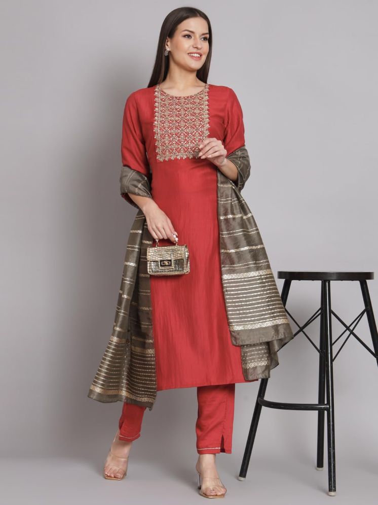     			VredeVogel Silk Blend Embroidered Kurti With Pants Women's Stitched Salwar Suit - Red ( Pack of 1 )