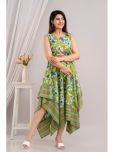 Frionkandy Cotton Printed Ankle Length Women's Asymmetric Dress - Green ( Pack of 1 )