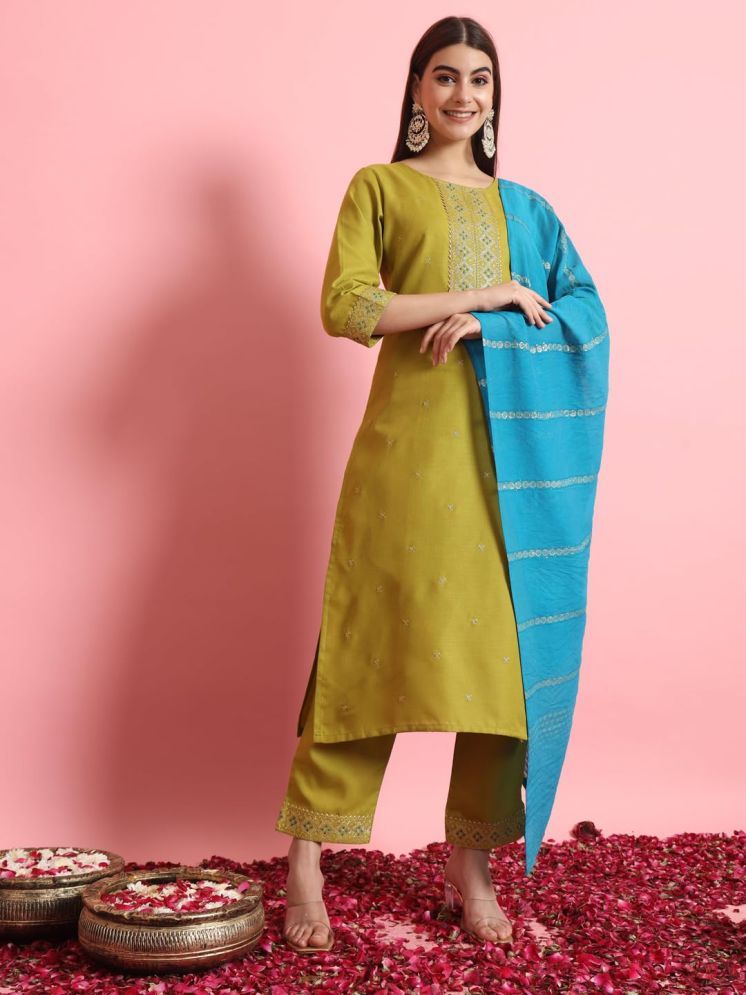     			VredeVogel Cotton Silk Embroidered Kurti With Pants Women's Stitched Salwar Suit - Green ( Pack of 1 )