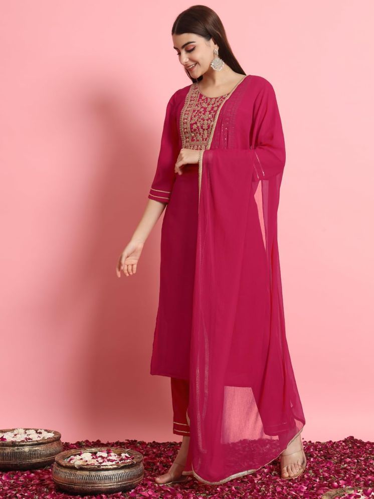     			VredeVogel Silk Blend Embroidered Kurti With Pants Women's Stitched Salwar Suit - Pink ( Pack of 1 )