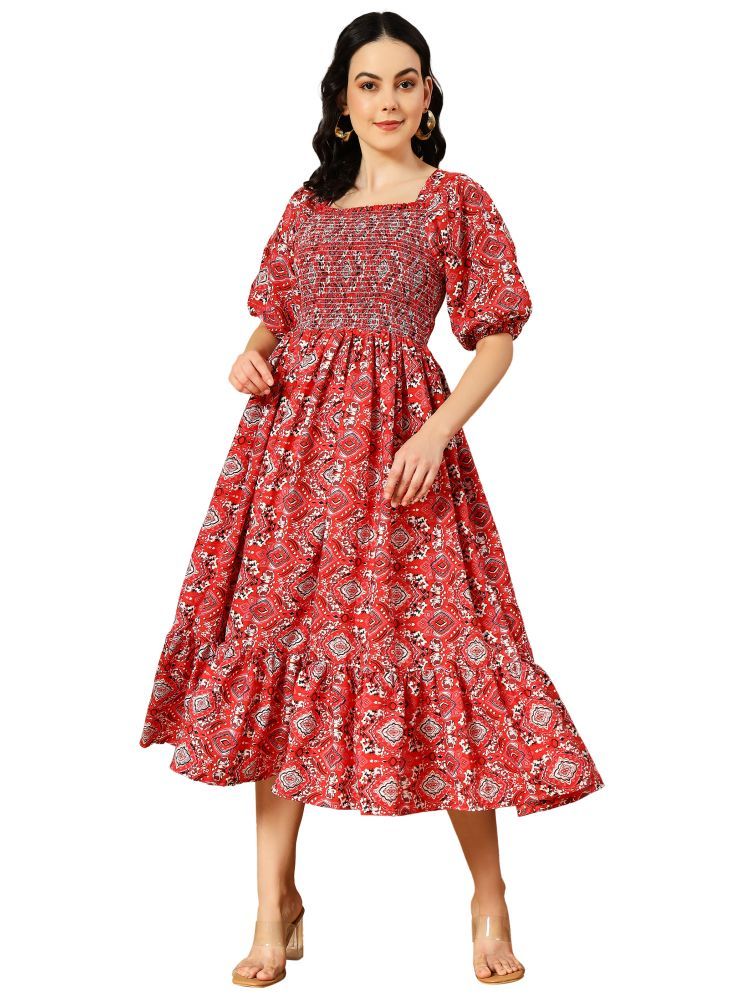     			ZWERLON Crepe Printed Midi Women's Fit & Flare Dress - Red ( Pack of 1 )