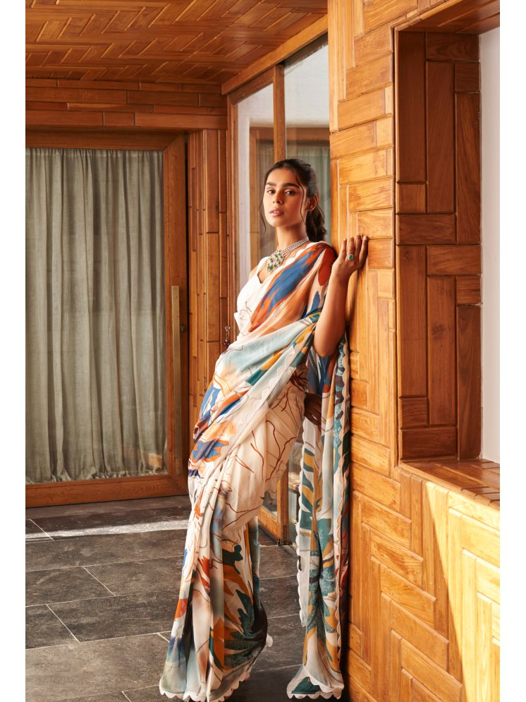     			PHORIA STYLE Crepe Printed Saree With Blouse Piece - White,Multicolour ( Pack of 1 )