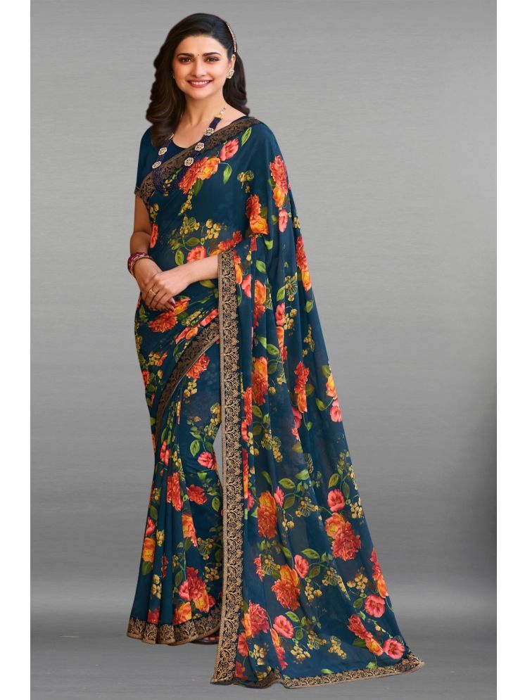     			PHORIA STYLE Georgette Printed Saree With Blouse Piece - Navy Blue ( Pack of 1 )