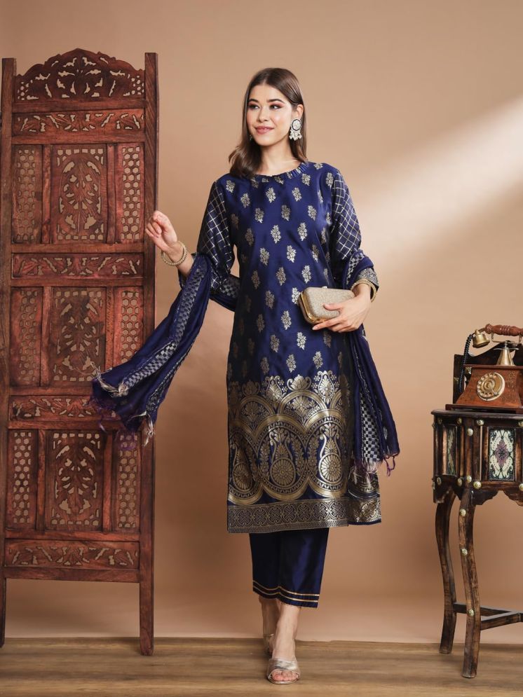     			VredeVogel Cotton Silk Embellished Kurti With Pants Women's Stitched Salwar Suit - Blue ( Pack of 1 )