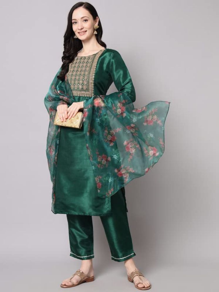     			VredeVogel Silk Blend Embellished Kurti With Pants Women's Stitched Salwar Suit - Green ( Pack of 1 )