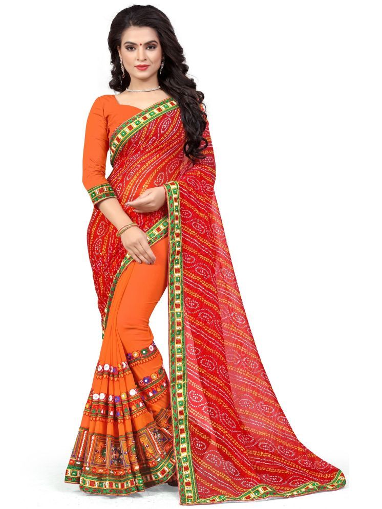     			serona fabrics Georgette Embroidered Saree With Blouse Piece - Orange,Red ( Pack of 1 )