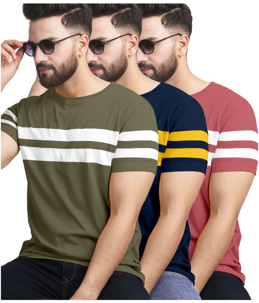     			AUSK Cotton Blend Regular Fit Striped Half Sleeves Men's T-Shirt - Olive ( Pack of 3 )