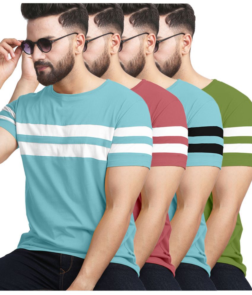     			AUSK Cotton Blend Regular Fit Striped Half Sleeves Men's T-Shirt - Green ( Pack of 4 )