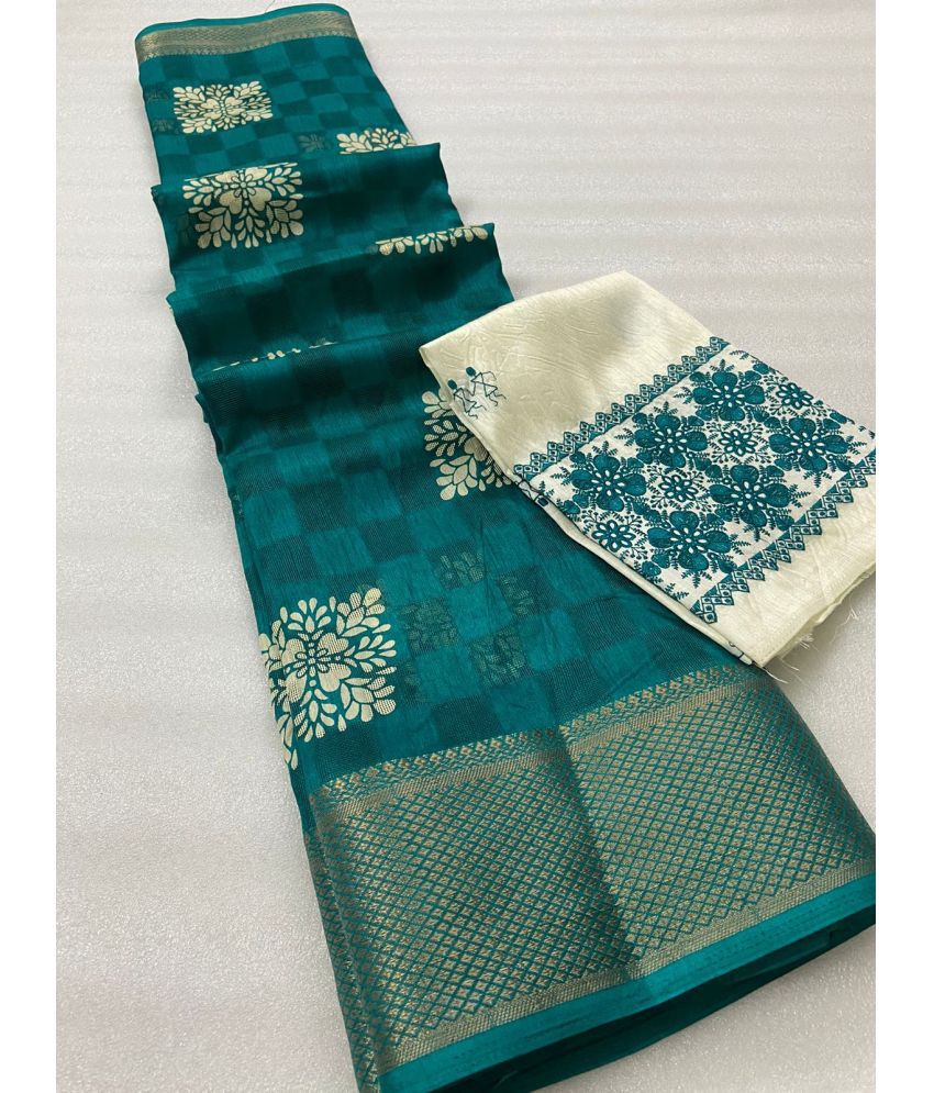     			Bhuwal Fashion Jute Printed Saree With Blouse Piece - Turquoise ( Pack of 1 )