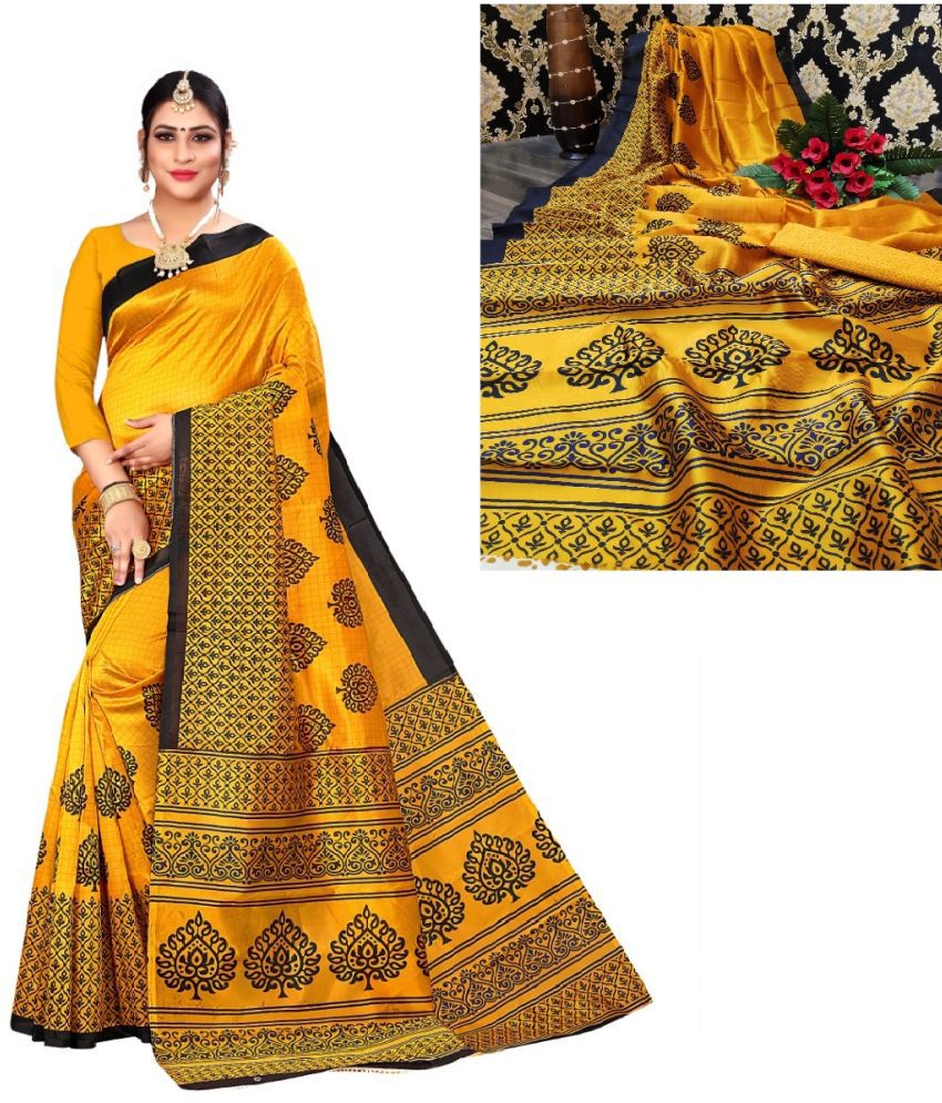     			Kanooda Prints Art Silk Printed Saree With Blouse Piece - Mustard ( Pack of 1 )
