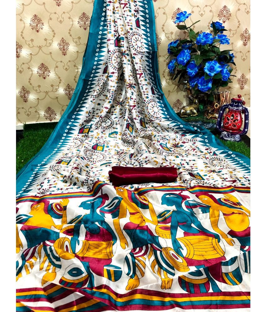     			Kanooda Prints Art Silk Printed Saree With Blouse Piece - Teal ( Pack of 1 )