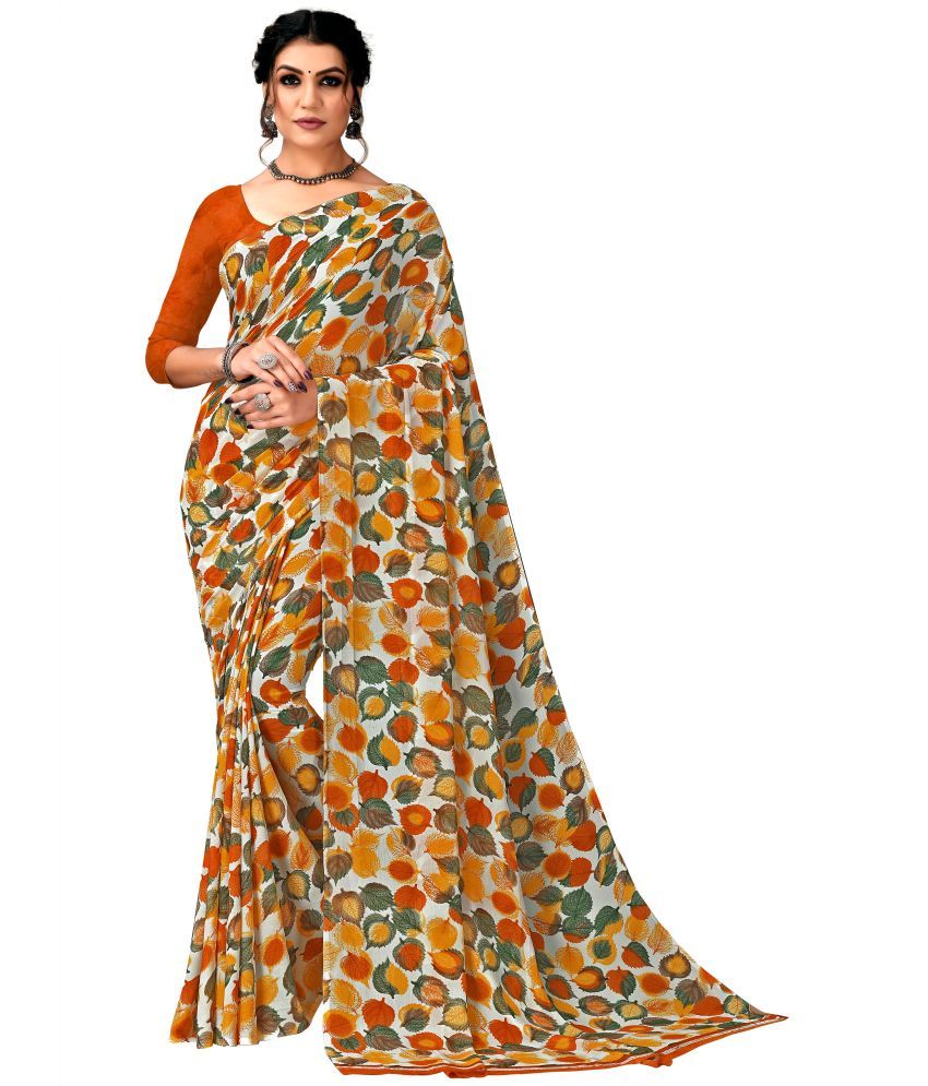     			Kanooda Prints Georgette Printed Saree With Blouse Piece - Orange ( Pack of 1 )