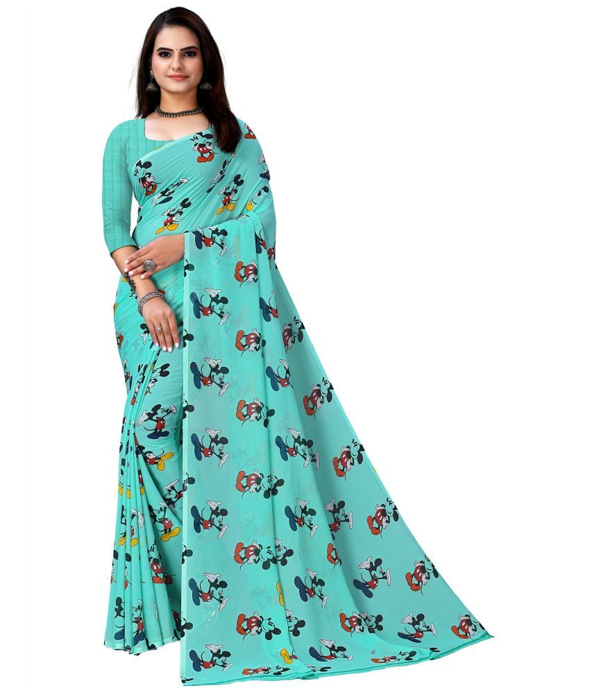     			Kanooda Prints Georgette Printed Saree With Blouse Piece - Teal ( Pack of 1 )