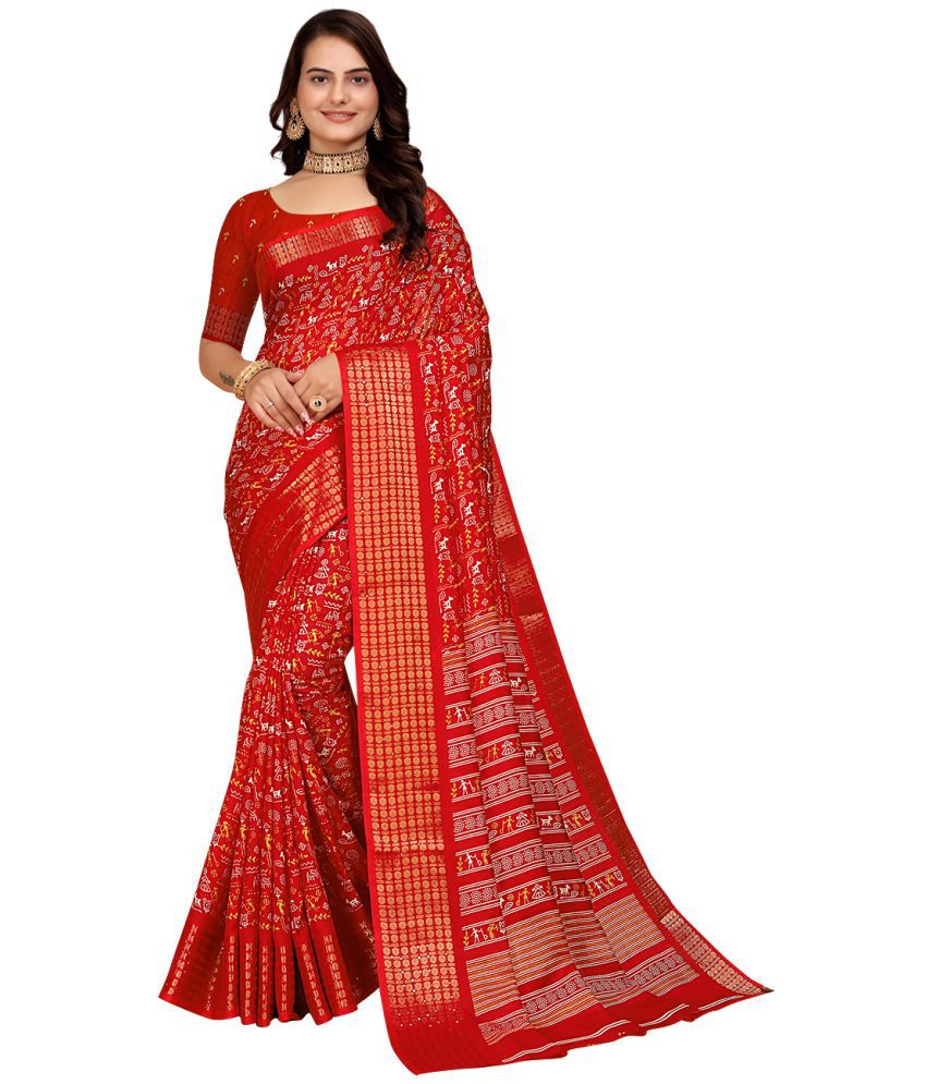     			Kanooda Prints Silk Printed Saree With Blouse Piece - Red ( Pack of 1 )