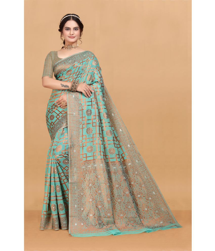     			NENCY FASHION Linen Woven Saree With Blouse Piece - Sea Green ( Pack of 1 )