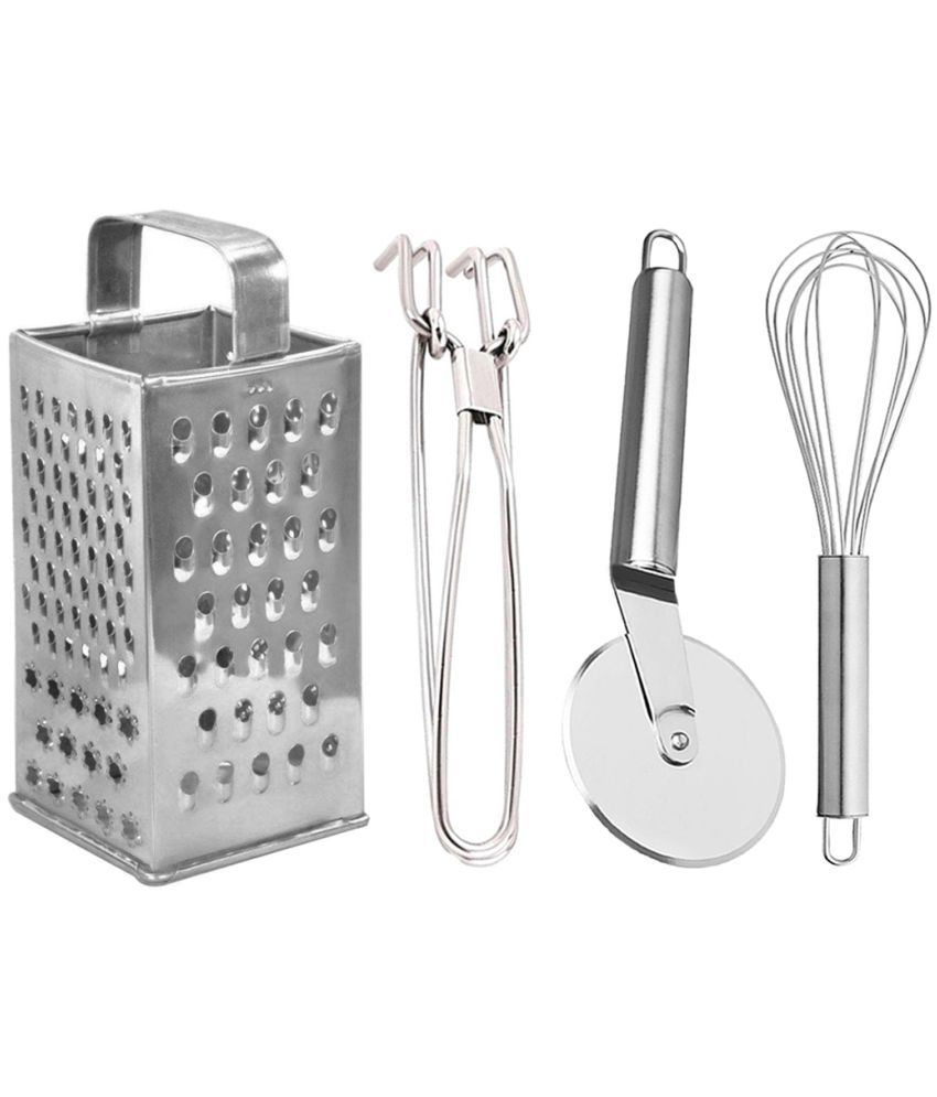     			OC9 Silver Stainless Steel 8in1 Grater+Pakkad+Pizza Cutter+Whisk ( Set of 4 )