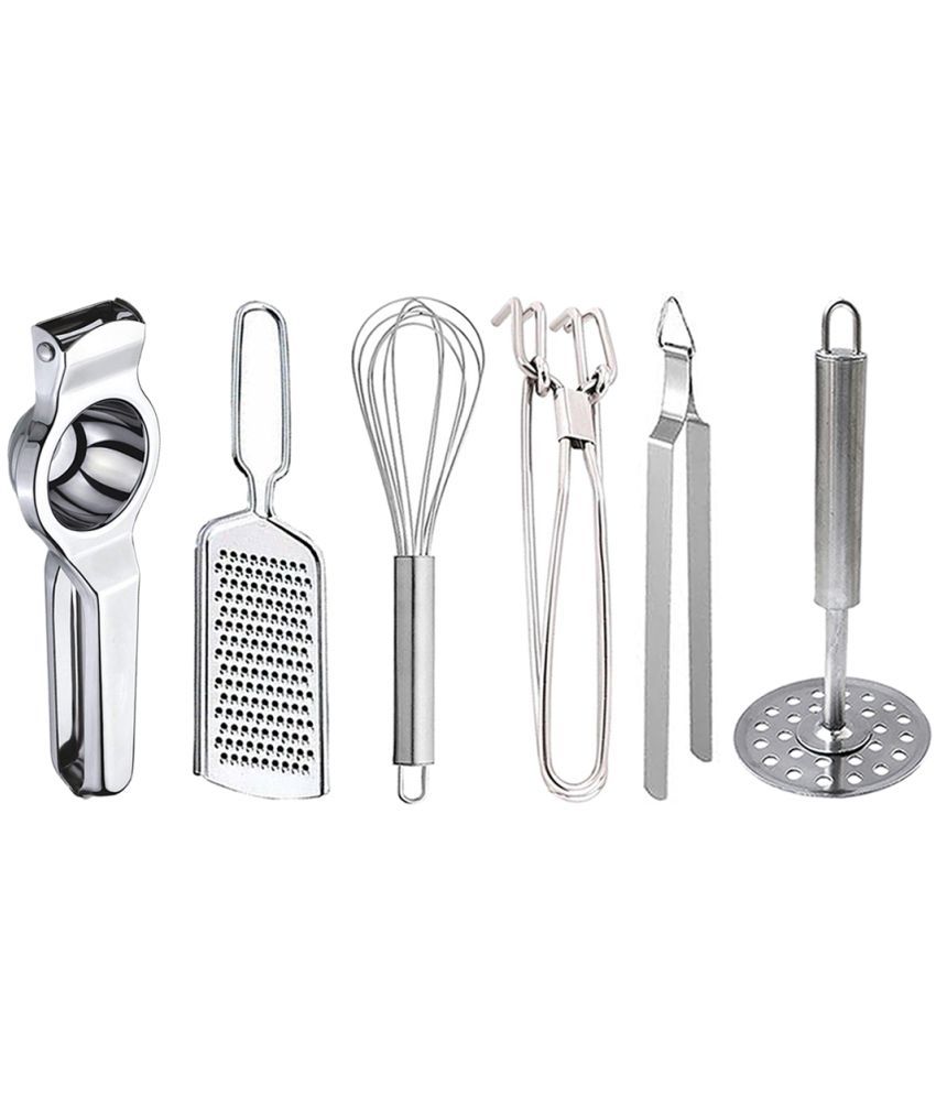     			OC9 Silver Stainless Steel Lemon+Cheese Grater+Whisk+Pakkad+Chimta+Masher ( Set of 6 )