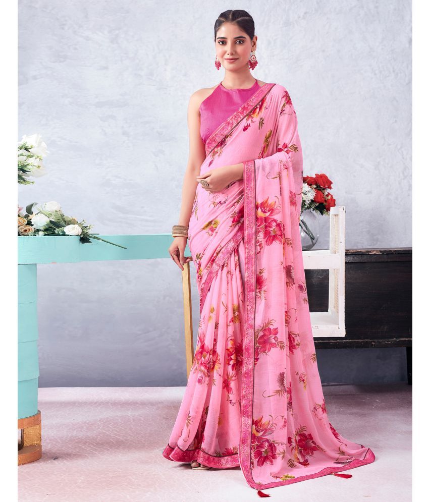     			Samah Chiffon Printed Saree With Blouse Piece - Pink ( Pack of 1 )