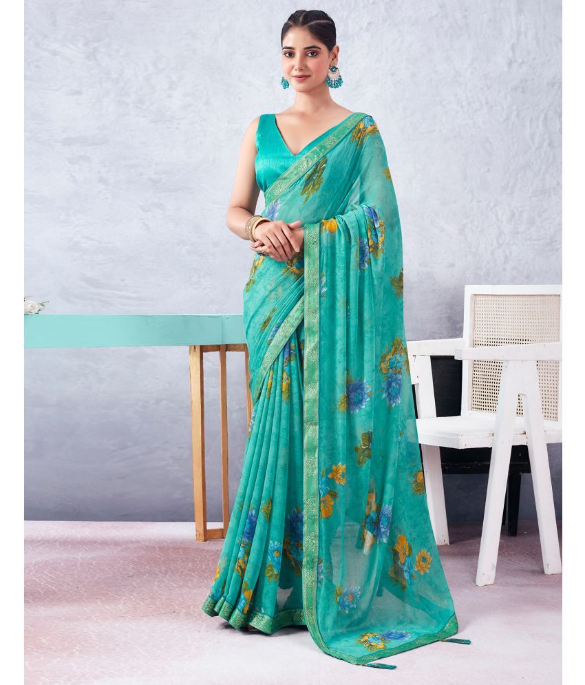     			Samah Chiffon Printed Saree With Blouse Piece - Turquoise ( Pack of 1 )