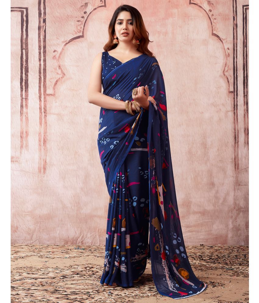     			Samah Georgette Printed Saree With Blouse Piece - Navy Blue ( Pack of 1 )