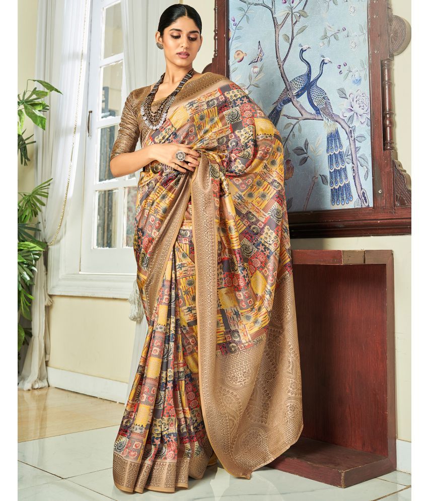     			Samah Silk Printed Saree With Blouse Piece - Yellow ( Pack of 1 )