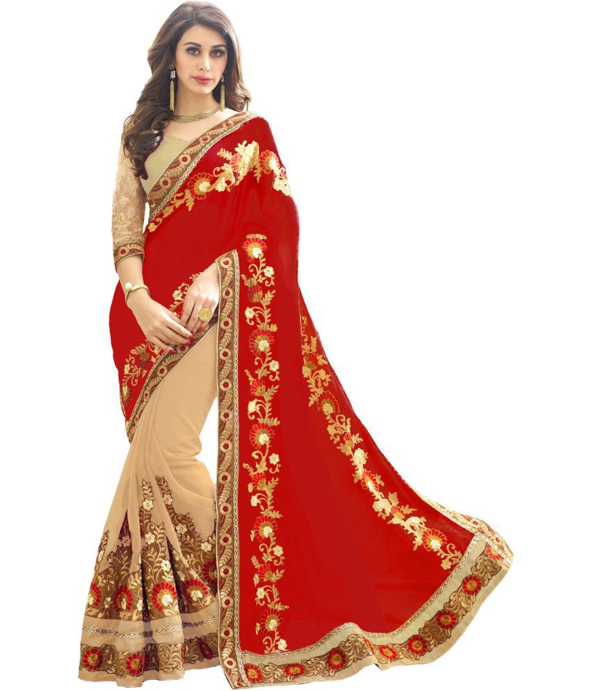     			Trijal Fab Silk Blend Embroidered Saree With Blouse Piece - Red ( Pack of 1 )