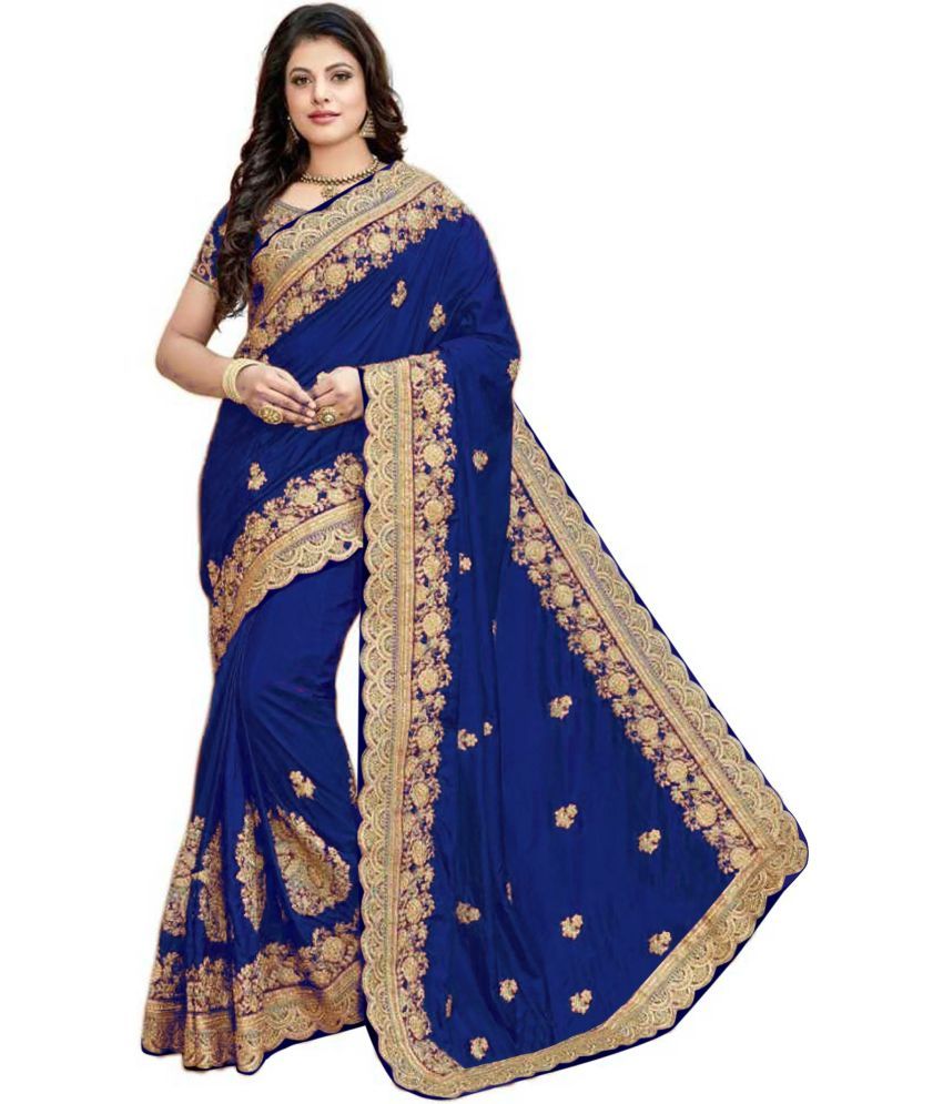     			Trijal Fab Silk Blend Embroidered Saree With Blouse Piece - Blue ( Pack of 1 )