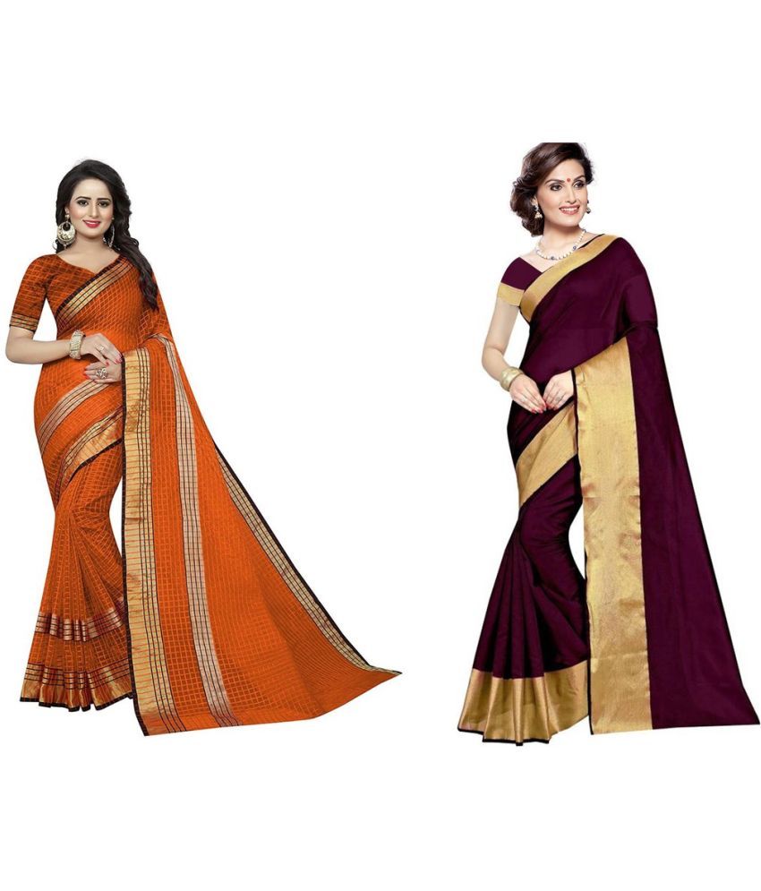     			Vkaran Cotton Silk Applique Saree Without Blouse Piece - Wine ( Pack of 1 )