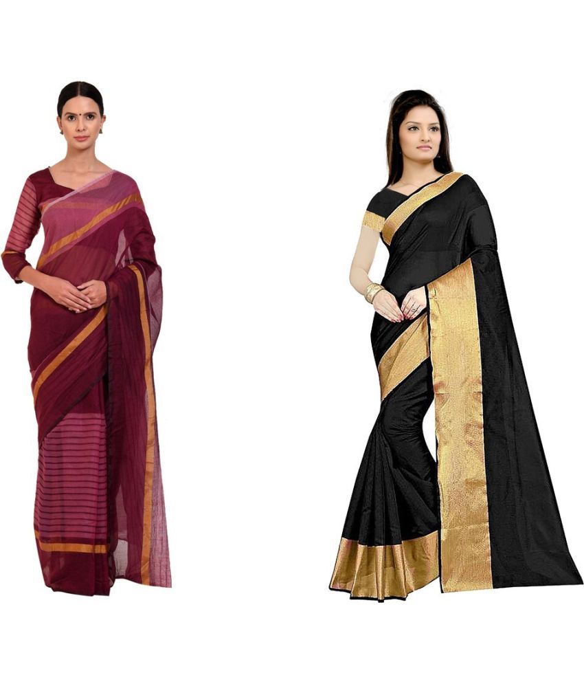     			Vkaran Cotton Silk Applique Saree Without Blouse Piece - Multicolor ( Pack of 2 )