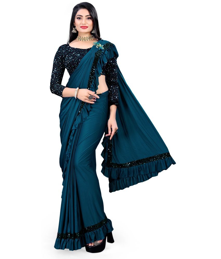     			Vkaran Cotton Silk Applique Saree Without Blouse Piece - Blue ( Pack of 1 )