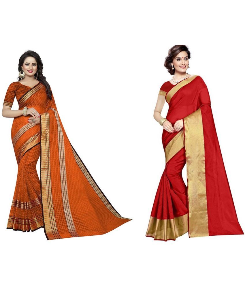     			Vkaran Cotton Silk Applique Saree Without Blouse Piece - Red ( Pack of 3 )