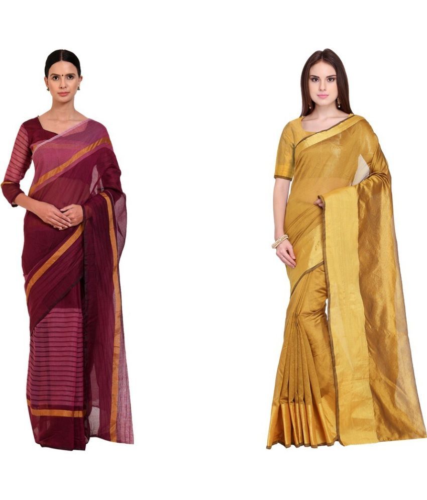     			Vkaran Cotton Silk Applique Saree Without Blouse Piece - Yellow ( Pack of 2 )