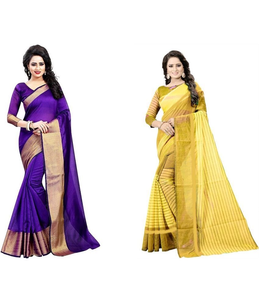     			Vkaran Cotton Silk Applique Saree Without Blouse Piece - Purple ( Pack of 2 )