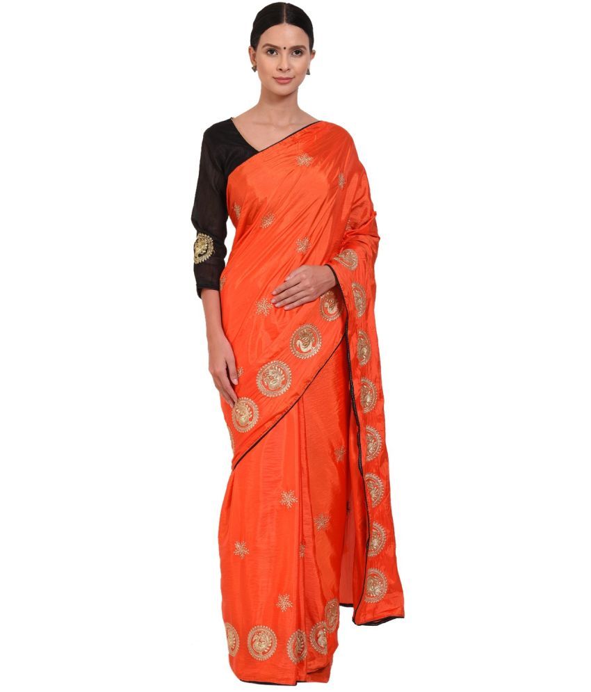     			Vkaran Cotton Silk Applique Saree Without Blouse Piece - Orange ( Pack of 1 )