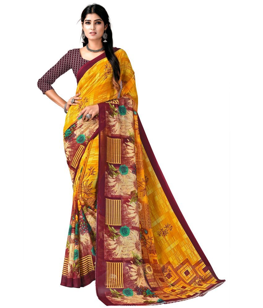     			Kanooda Prints Georgette Printed Saree With Blouse Piece - Mustard ( Pack of 1 )