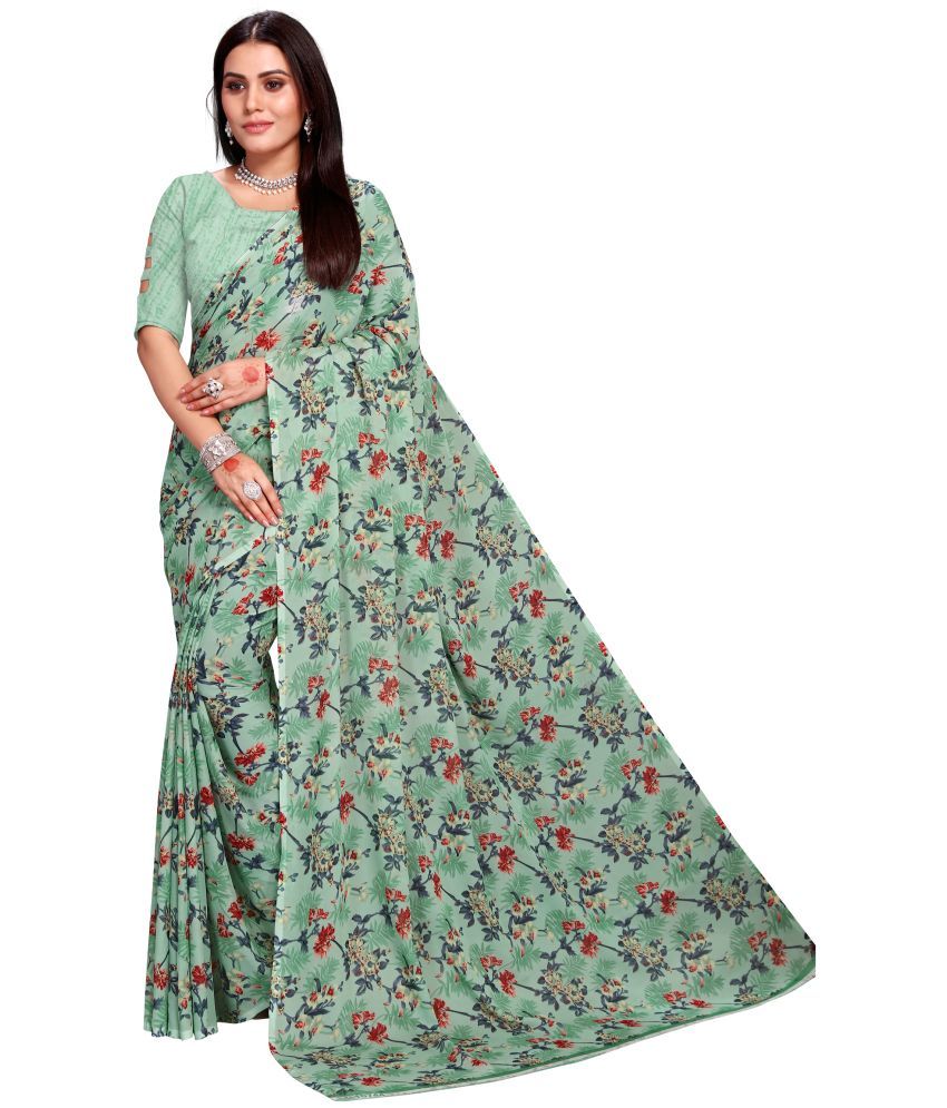     			Kanooda Prints Georgette Printed Saree With Blouse Piece - Light Green ( Pack of 1 )