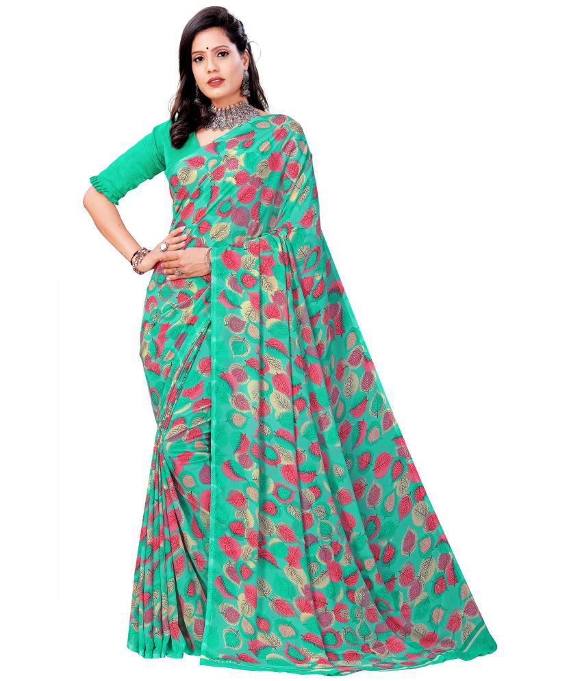    			Kanooda Prints Georgette Printed Saree With Blouse Piece - Teal ( Pack of 1 )