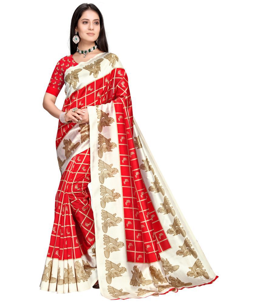    			Rekha Maniyar Silk Printed Saree With Blouse Piece - Red ( Pack of 1 )