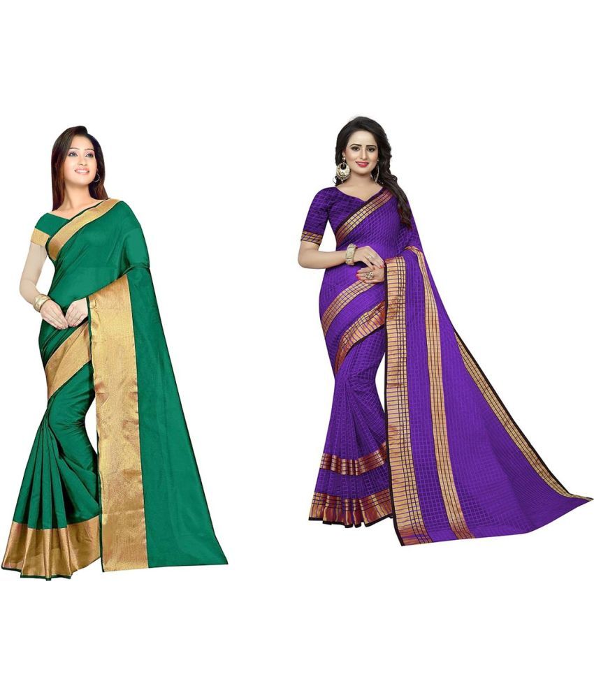     			Saadhvi Cotton Silk Applique Saree Without Blouse Piece - Rama ( Pack of 2 )