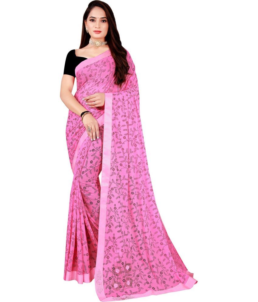     			Saadhvi Cotton Silk Applique Saree Without Blouse Piece - Pink ( Pack of 1 )