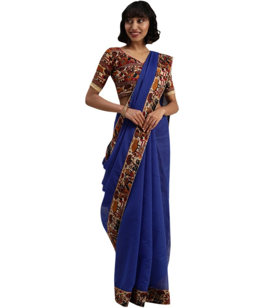     			Saadhvi Cotton Silk Applique Saree Without Blouse Piece - Blue ( Pack of 1 )