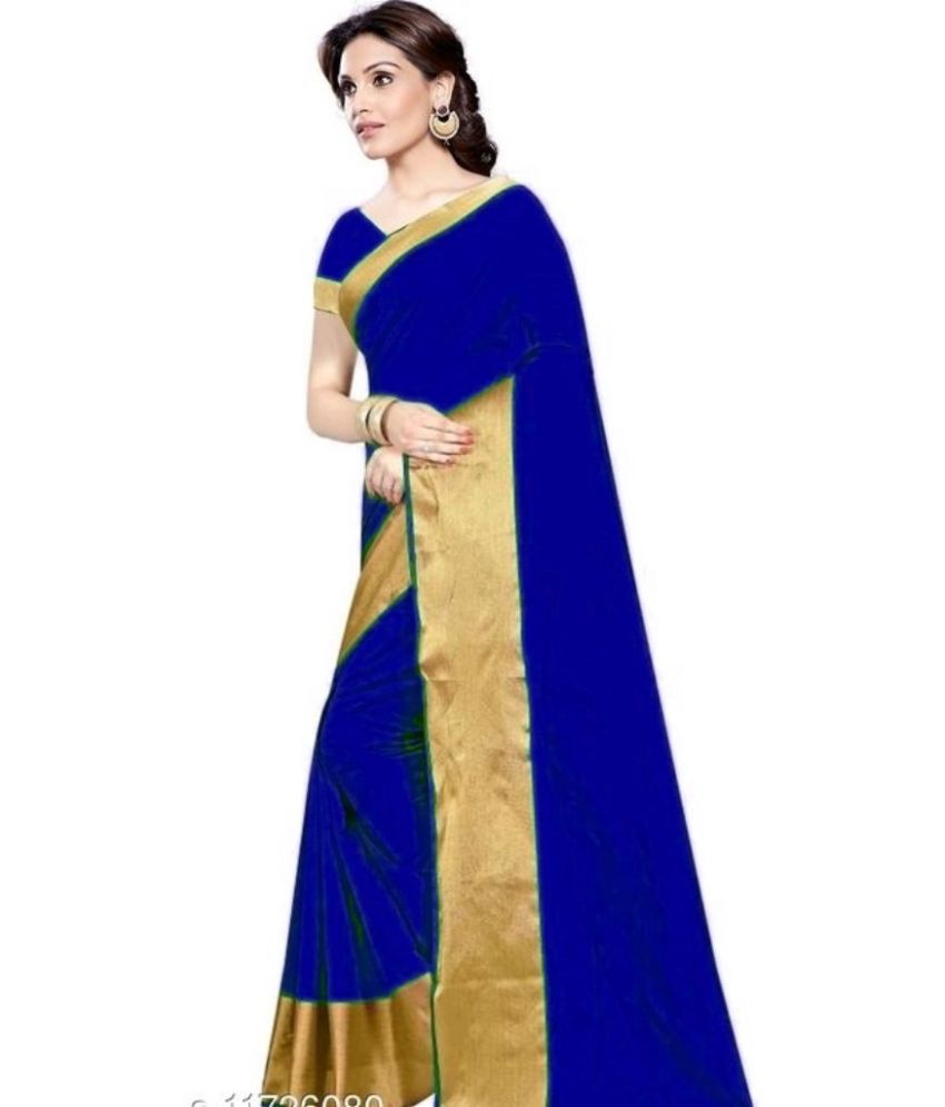     			Saadhvi Cotton Silk Applique Saree Without Blouse Piece - Blue ( Pack of 1 )