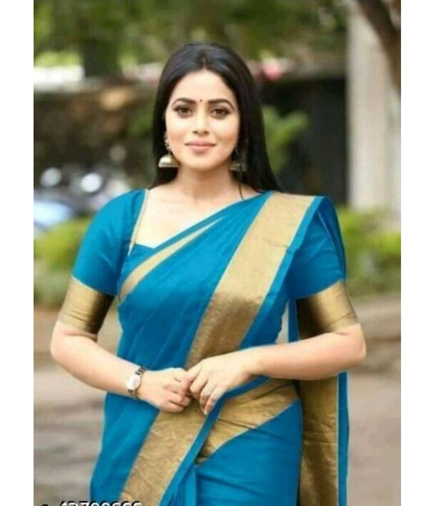     			Saadhvi Cotton Silk Applique Saree Without Blouse Piece - Turquoise ( Pack of 1 )