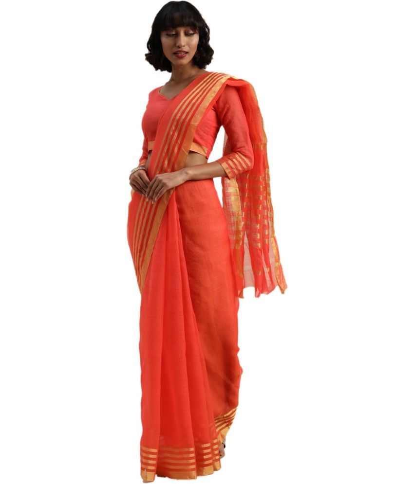     			Saadhvi Cotton Silk Applique Saree Without Blouse Piece - Orange ( Pack of 1 )