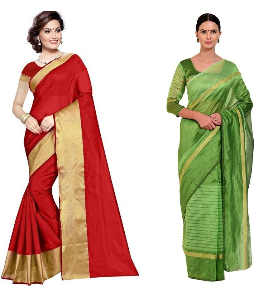     			Saadhvi Cotton Silk Applique Saree Without Blouse Piece - Red ( Pack of 2 )