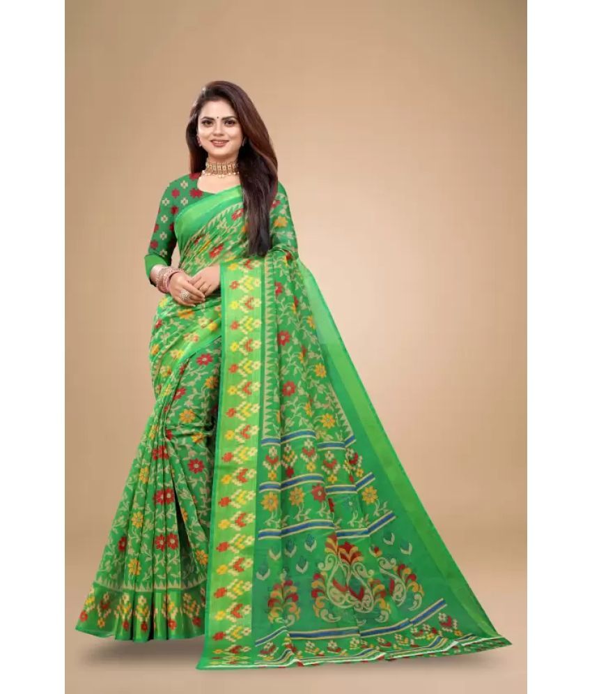     			Saadhvi Cotton Silk Printed Saree With Blouse Piece - Green ( Pack of 1 )